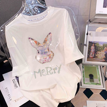 捡漏专柜撤回清仓大码女装兔子纯棉打底上衣夏季重工烫钻短袖 T恤