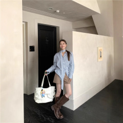法式蓝色格子长袖衬衫外套女早秋蝴蝶结飘带衬衣宽松休闲气质上衣