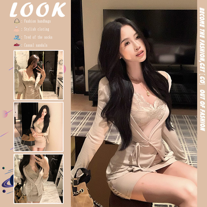 蕾丝拼接绑带v领针织开衫女秋季纯欲套装吊带连衣裙包臀裙两件套