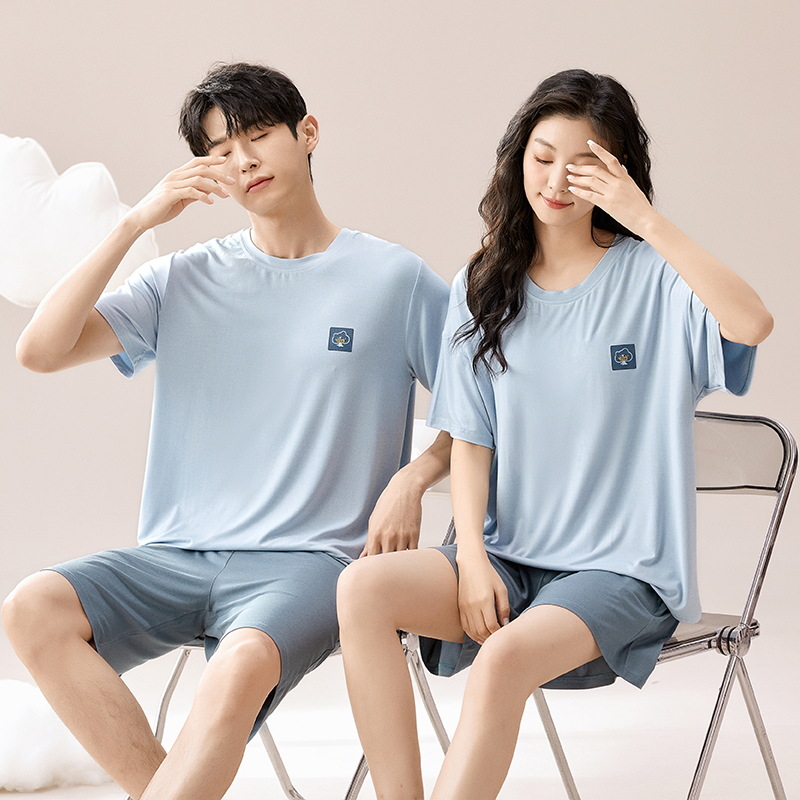 Con almohadilla para el pecho 2024 pijamas de verano pareja modal manga corta conjunto de dos piezas primavera y verano color sólido hombres homewear suave
