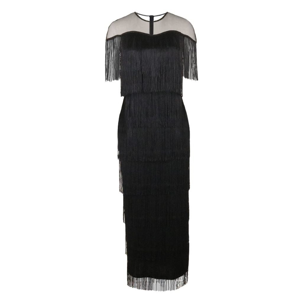 New size 200kg fat mm round neck perspective side split cocktail party tassel dress women's dress