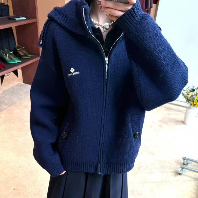 Wool Version /Sst 2025 Autumn and Winter Thickeneded Zipper Sweater Jacket Hooded Loose Thick Stick Knitted Cardigan