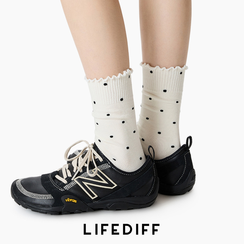 Ruffled polka dot slouch socks, long socks, gray mid-calf socks, cotton socks, seamless, spring and autumn, lace, white, women's, autumn and winter 26243