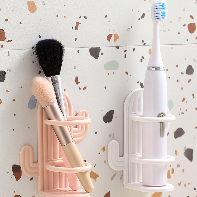Soporte de cepillos de dientes de cactus sin perforación, estante de almacenamiento para cepillos de dientes eléctricos, soporte de pared de plástico con drenaje para cepillos de dientes