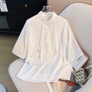 Real shot new Chinese style Dongfeng ancient rhyme Jacquard stand collar buckle ethnic style improved middle sleeve national fashion retro top shirt