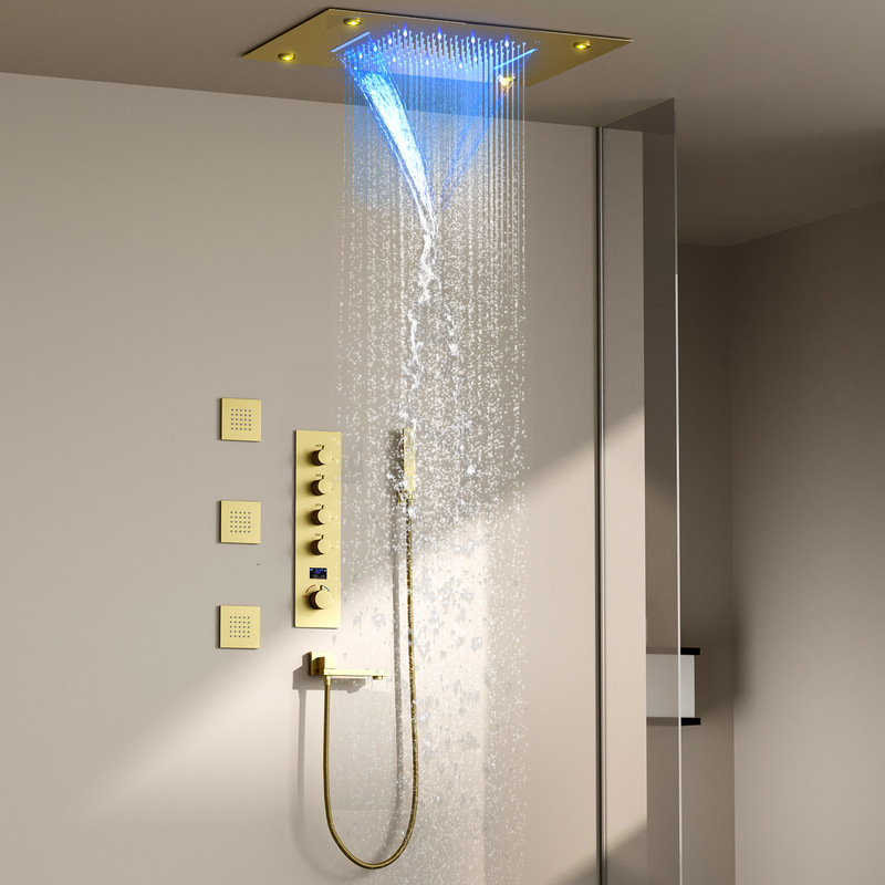 Wire drawing gold 360*500mm luxury LED shower suit multifunctional LED digital display hot and cold shower shower system Wire drawing gold 360*500mm luxury LED shower suit multifunctional LED digital display hot and cold shower shower system