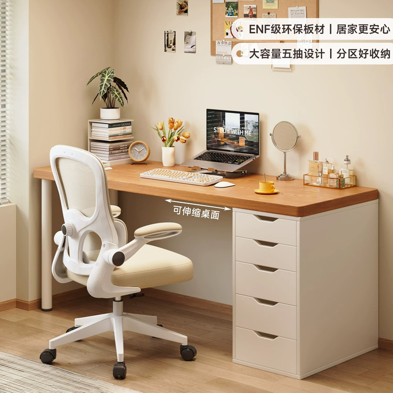 Desk for Home Use, Student Study Desk, Bookshelf Integrated, Small Apartment Vanity Table with Drawers, Bedroom Office Computer Desk