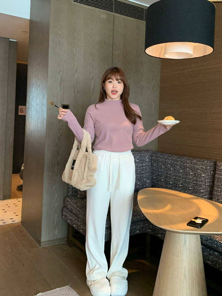 Spring warm trousers, plus size, high waist, loose straight fit