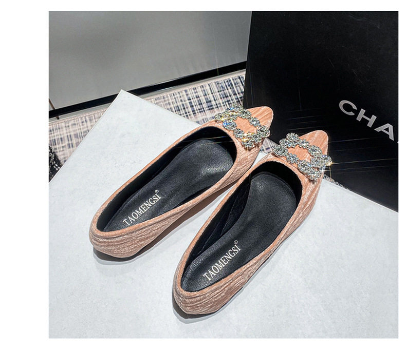 Giày búp bê nữ mũi nhọn nhung nhung Pháp khóa vuông đính đá, đế bằng, gót thấp 1–3 cm — Màu hồng (đáy phẳng), Màu đen (đế bằng) chi tiết 27