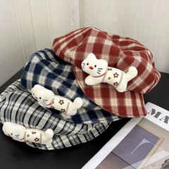 宅系格纹小猫咪八角帽子女2025新款秋季y2k可爱复古显脸小贝雷帽