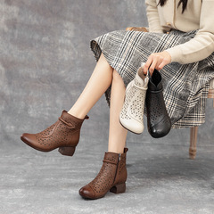 2025春夏季新款鏤空洞洞涼靴真皮復古民族風女靴子粗高跟馬丁靴女