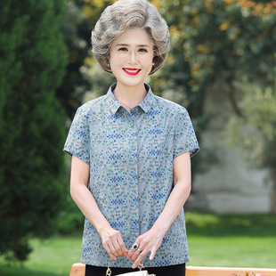Mom's Summer Pure Cotton Short-Sleeved Shirt, Middle-Aged and Elderly Women's Cotton Tops, 60 and 70-Year-Old Grandma's Shirt Two-Piece Set