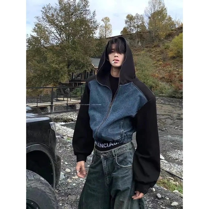 小众设计感拼接牛仔夹克外套男美式高街复古廊形垫肩连帽卫衣