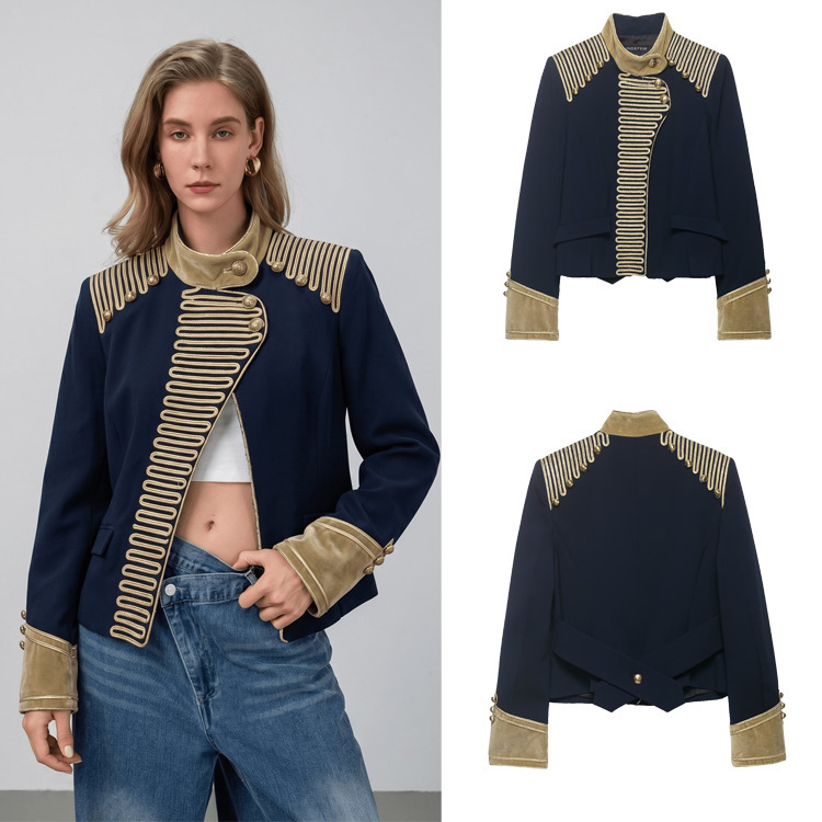 Cross-border women's fashion European and American stand-up collar short jacket with contrasting color rope knot decoration, long-sleeved jacket, stylish and versatile design top Cross-border women's fashion European and American stand-up collar short jacket with contrasting color rope knot decoration, long-sleeved jacket, stylish and versatile design top
