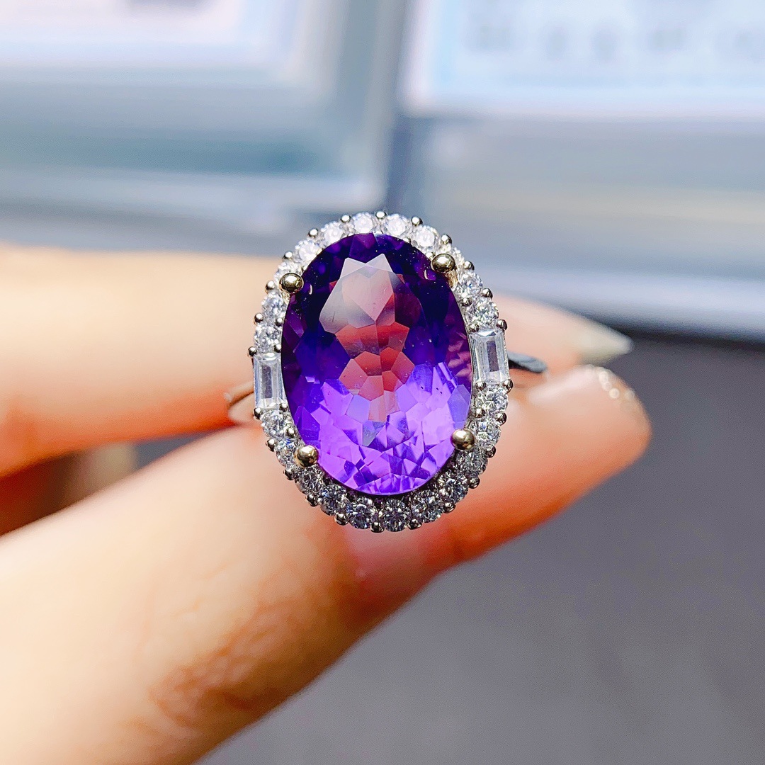 工厂批发爆款天然紫水晶戒指S925银镶嵌主石10*14热销欧美一件代