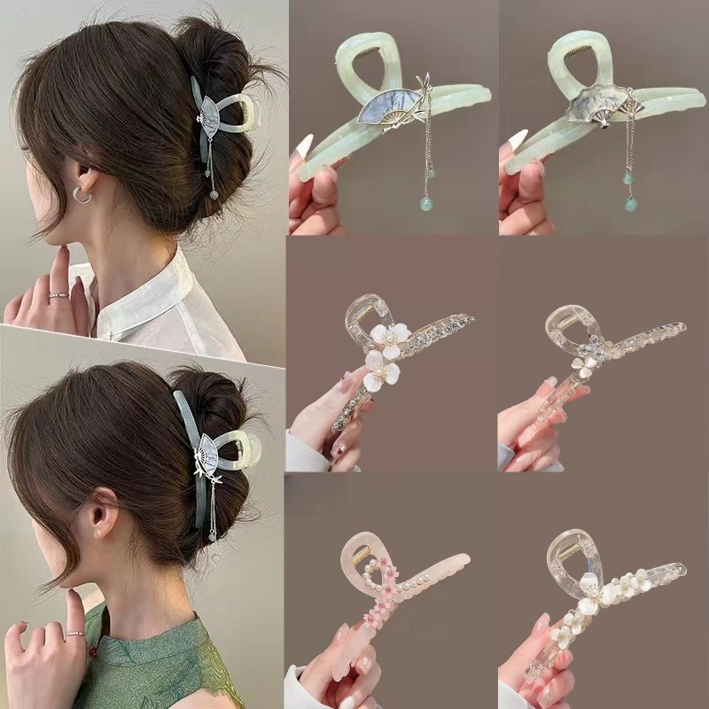 new chinese style tassel hairpin women‘s back head large grip updo shark clip national style hair claw headdress