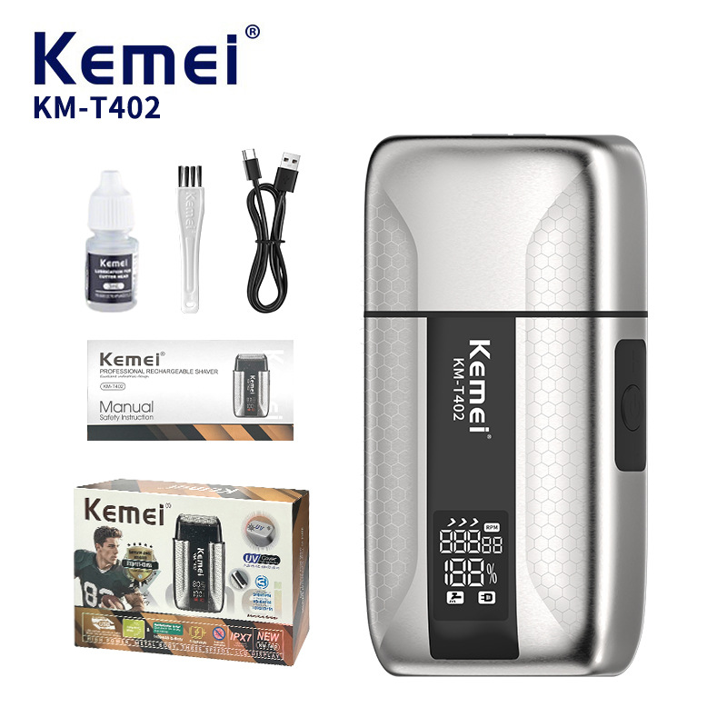 Kemei afeitadora eléctrica sin escobillas KM-T402 afeitadora recíproca profesional para hombres con visualización digital UV afeitar esterilizante