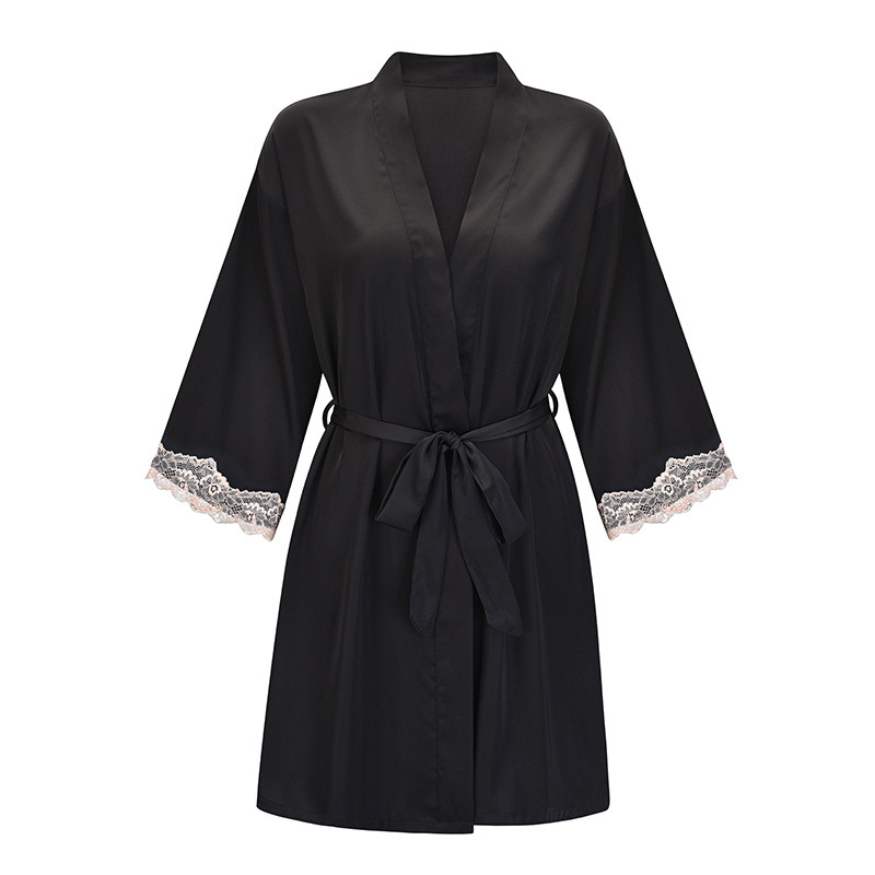 Long sleeve nightgown women sexy lace pajamas women cross-border thin ice silk spring and autumn summer bathrobe morning robe bridesmaid group robe wholesale