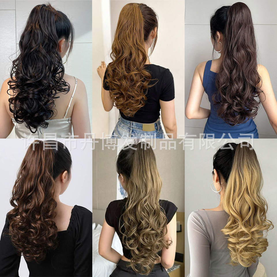Peluca cola de caballo pelo largo y rizado atar pera flor rollo cola de caballo falsa onda grande media longitud peluca corta cola de caballo ondulada