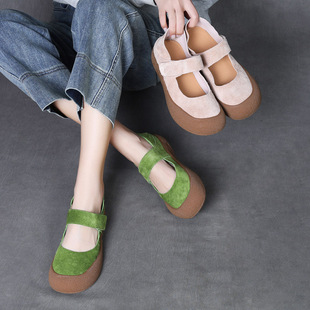 Jishu 25 first layer cowhide round toe low mouth velcro single shoes leather soft sole light flat shoes mom shoes hot sale