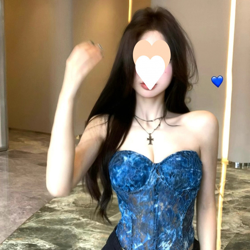 纯欲风美背抹胸背心女夏季鱼骨修身内搭蕾丝外穿蓝色短款打底上衣|undefined