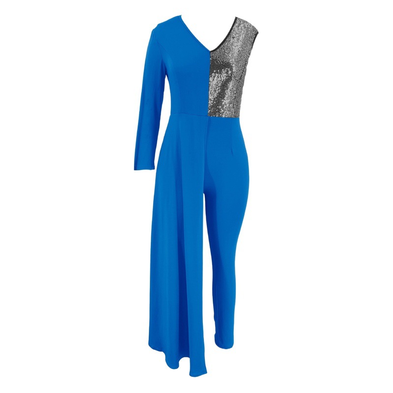 Cross-border Mujeres de Europa y América del mono de moda sexy V-cuello de lentejuelas costura delgado de un solo hombro fiesta noche mono