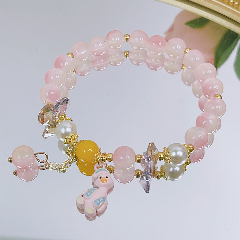 thumbnail image 1 of Pulsera de cristal para estudiantes de primavera y verano, joyería de cuerda de mano con cuentas simple y bonita para mujer, pato rosa de dibujos animados, 1 of 2