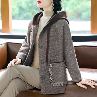 2025 new middle-aged mother hooded coat spring women's plus size belly covered foreign fashion sweater cardigan
