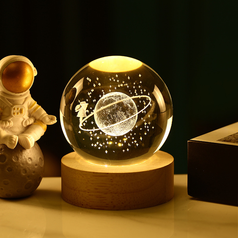 Bola de cristal 3D de la Vía Láctea — grabado interno luminoso con base de madera, luz nocturna decorativa creativa