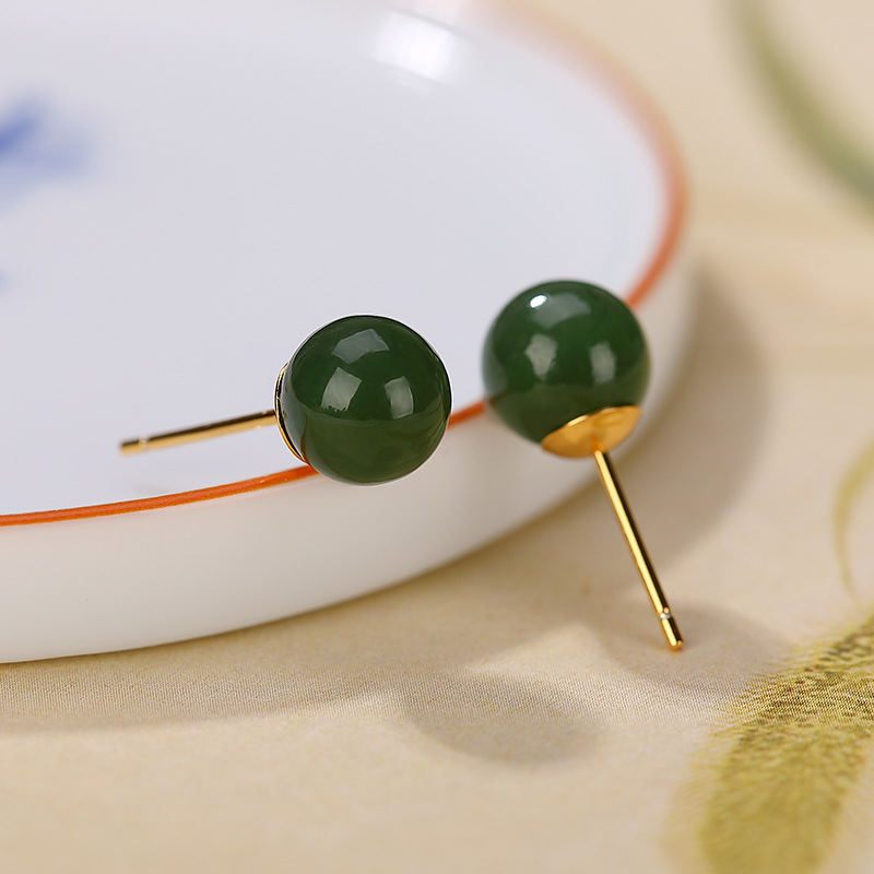 Bông tai nữ bạc S925 mạ vàng đính đá jasper thiên nhiên hạt tròn — Mẫu mạ vàng 8mm (không có đốm đen)