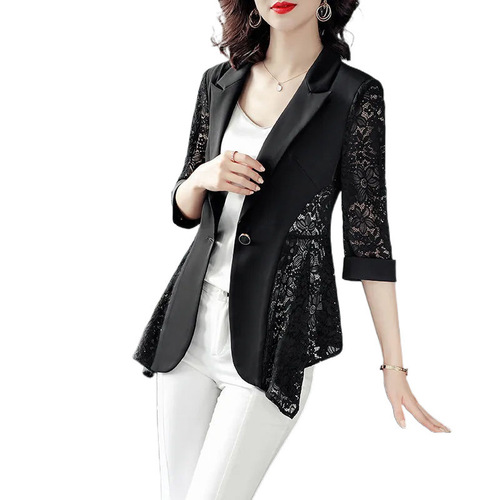 Trendy petite blazer, thin seven-quarter sleeve jacket for women—new summer style, lace-matched, fashionable, elegant, slim-fit cardigan for outerwear.