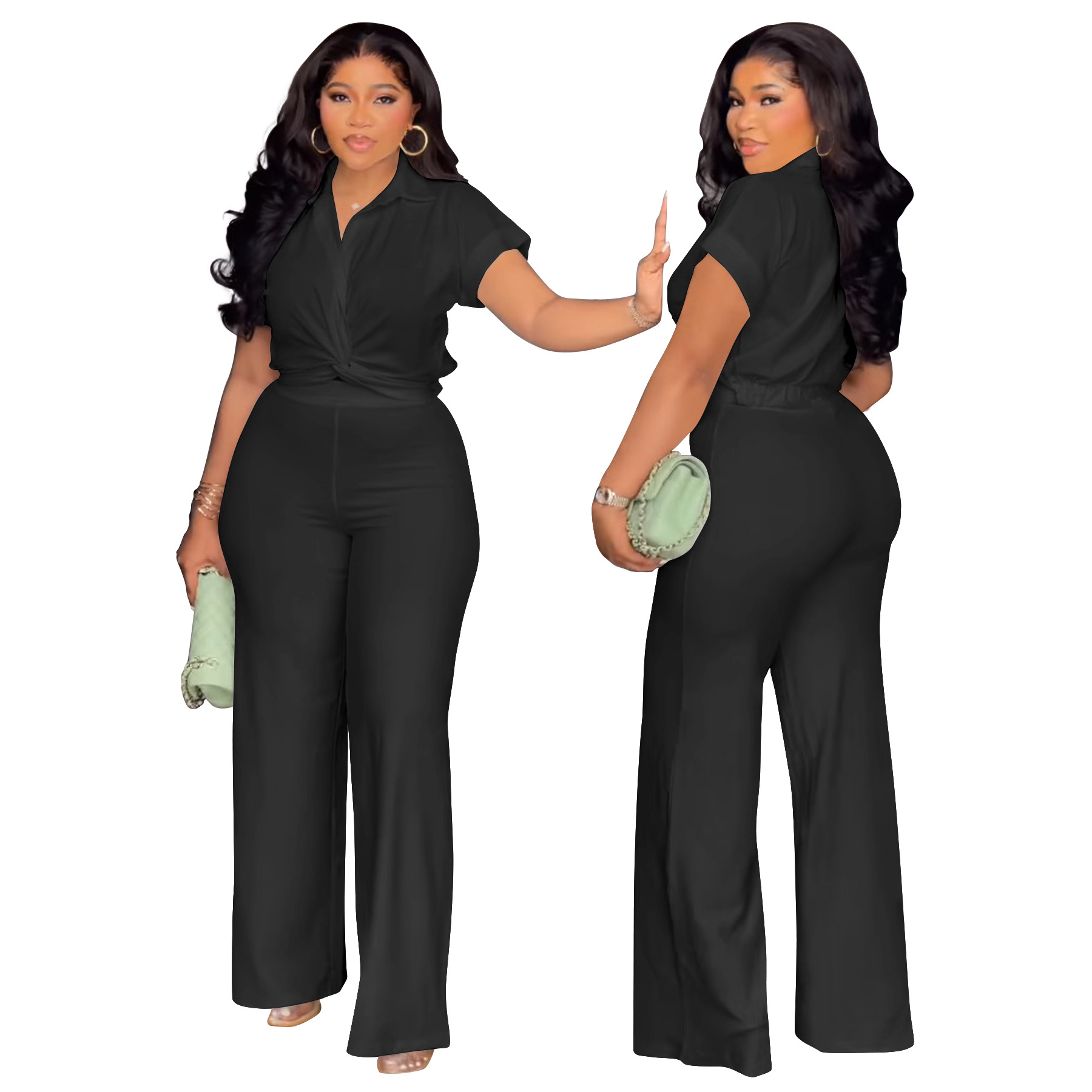 Women's Clothing Plus Size Summer Outfit High Waist Casual Pants & Solid Color Shirt Short Sleeved Two-Piece Set_ecoleips.com