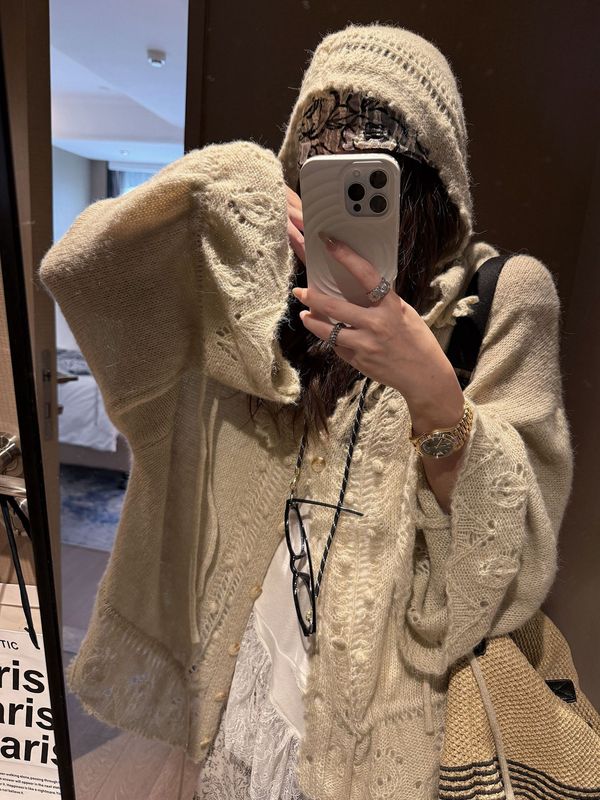 重工韩系慵懒松弛感钩花针织连帽大开衫女薄款羊毛针织衫毛衣|undefined