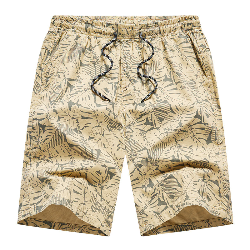 Men's Thin Pants Shorts Summer Outer Wear Pure Cotton Casual Pants Men's Rope Elastic Waist Straight Foreign Trade Printed Beach Pants