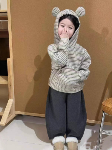 Cute Little Girl Bear Ears Sweat Suit Set Autumn Korean Style Girls' Children Fashion Striped Top Comfort Scythe Pants