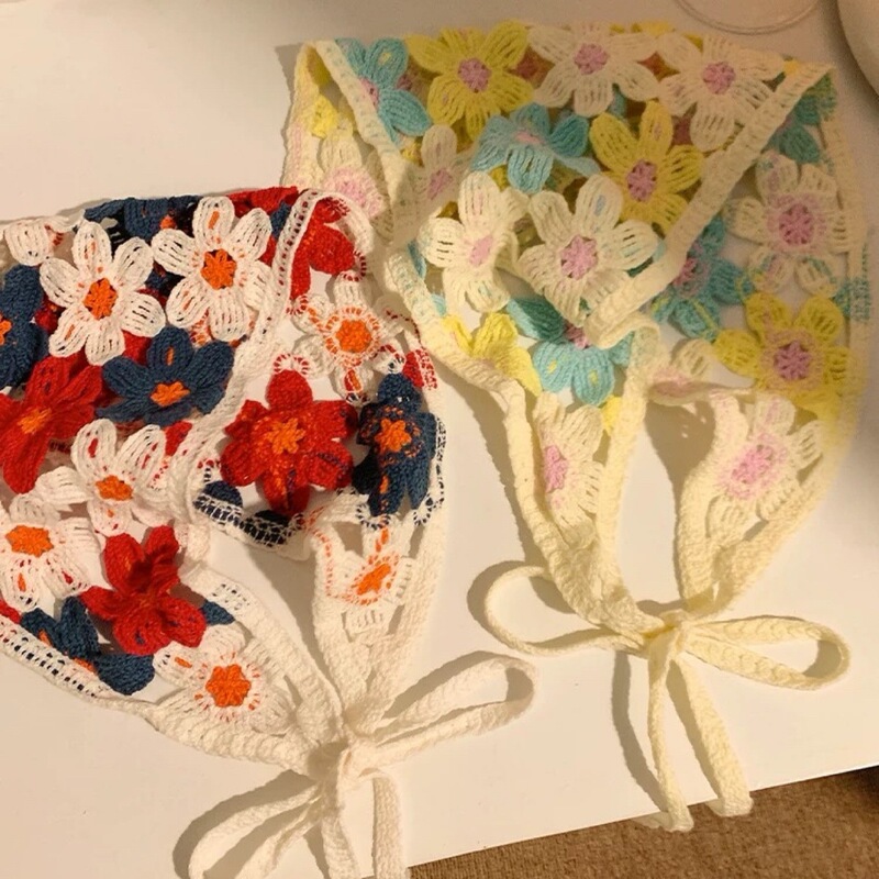 Dopamine Flower Knitted Triangle Headscarf Women's High-end Pastoral Style Hair Tie Hair Pack Hair Belt Beach Photo