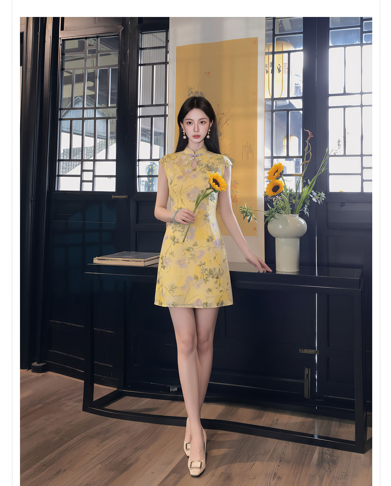 Đầm sườn xám cách tân họa tiết hoa văn nổi, thiết kế ôm eo thanh lịch — váy liền chi tiết 4