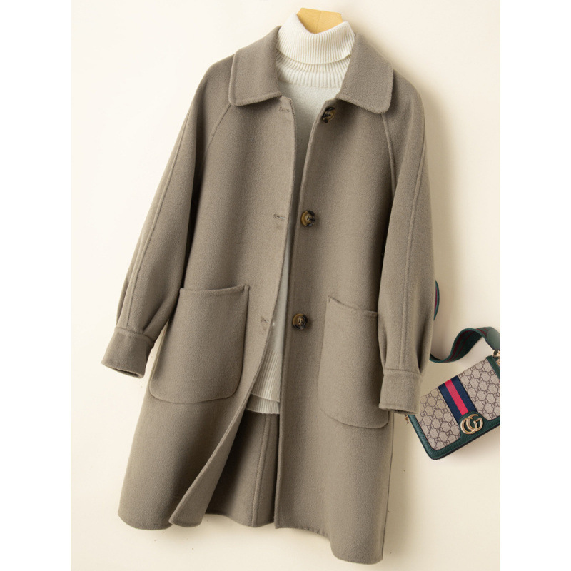 High-End Double-Sided Wool Coat for Women, Autumn and Winter Mid-Length Style for Petite Figures, Handmade Pure Wool Coat, Thickened Woolen Coat