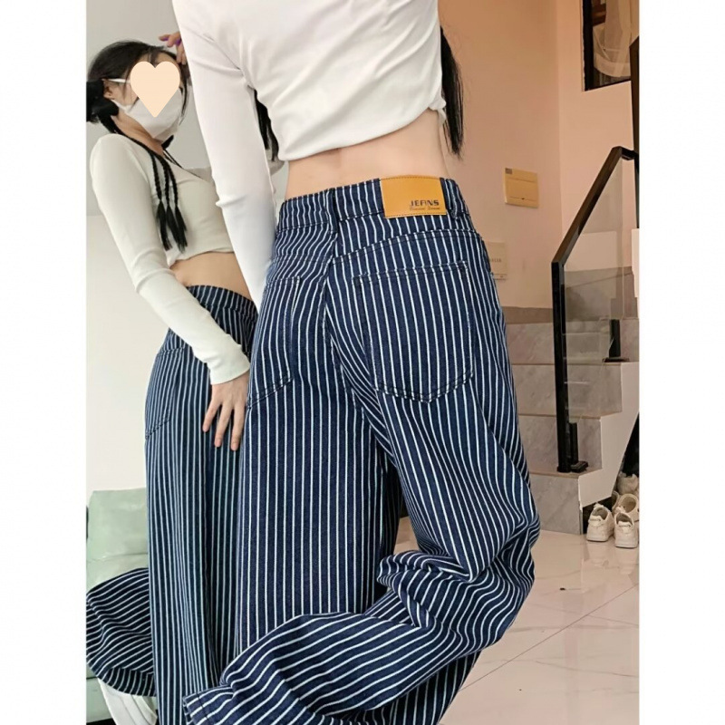 Retro Dark Blue Striped Jeans for Women in Spring and Autumn, Low-Waisted, Loose and Drapey, High-Street Straight-Leg Floor-Length Trousers