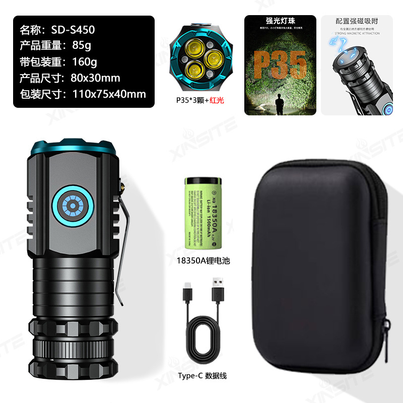 Linterna de luz fuerte transfronteriza para exteriores recargable portátil de larga duración multifuncional mini linterna pequeña impermeable de aleación de aluminio
