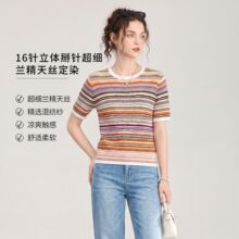 W2605201-16针立体掰针超细兰精天丝定染时尚多巴胺条纹T恤针织衫