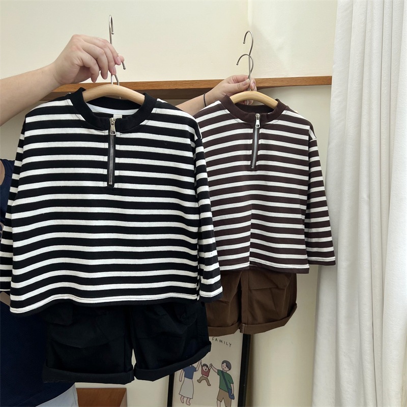 2024 Herbst Kinder American Half Zipper Striped Hoodie für Jungen und Mädchen, Loose Bottom Cotton Langarm Trendy_voghion.com