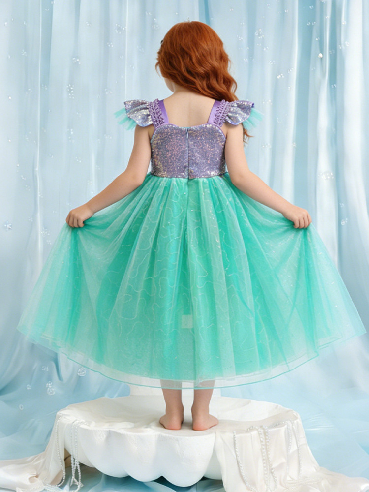 Nuevo vestido de princesa de sirena de niña con cuentas de sequilla vestido de encaje espectáculo cos服 pequeña camisa de malla de manga volante