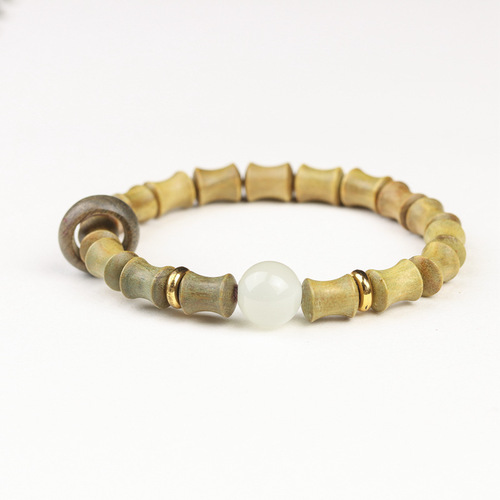 DIY Green Sandalwood Bamboo Knots High-Rising Moonstone Rope Bracelet with Running Ring for Men and Women, Cultural Art Beads and Rosaries