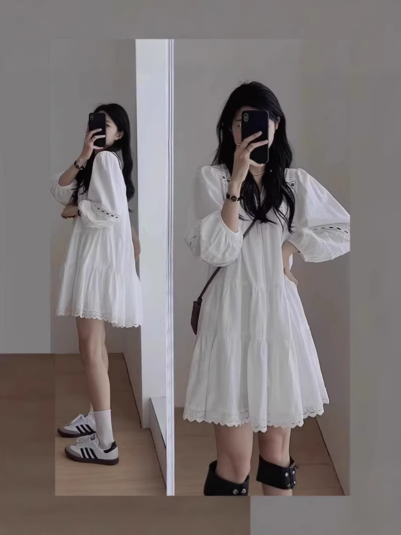 Đầm suông midi tay bồng cổ sơ mi trắng phong cách Pháp — trắng