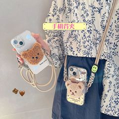 秋冬趣味毛絨小熊公仔手機背夾斜跨通用任何型號可拆卸繩子情侶潮
