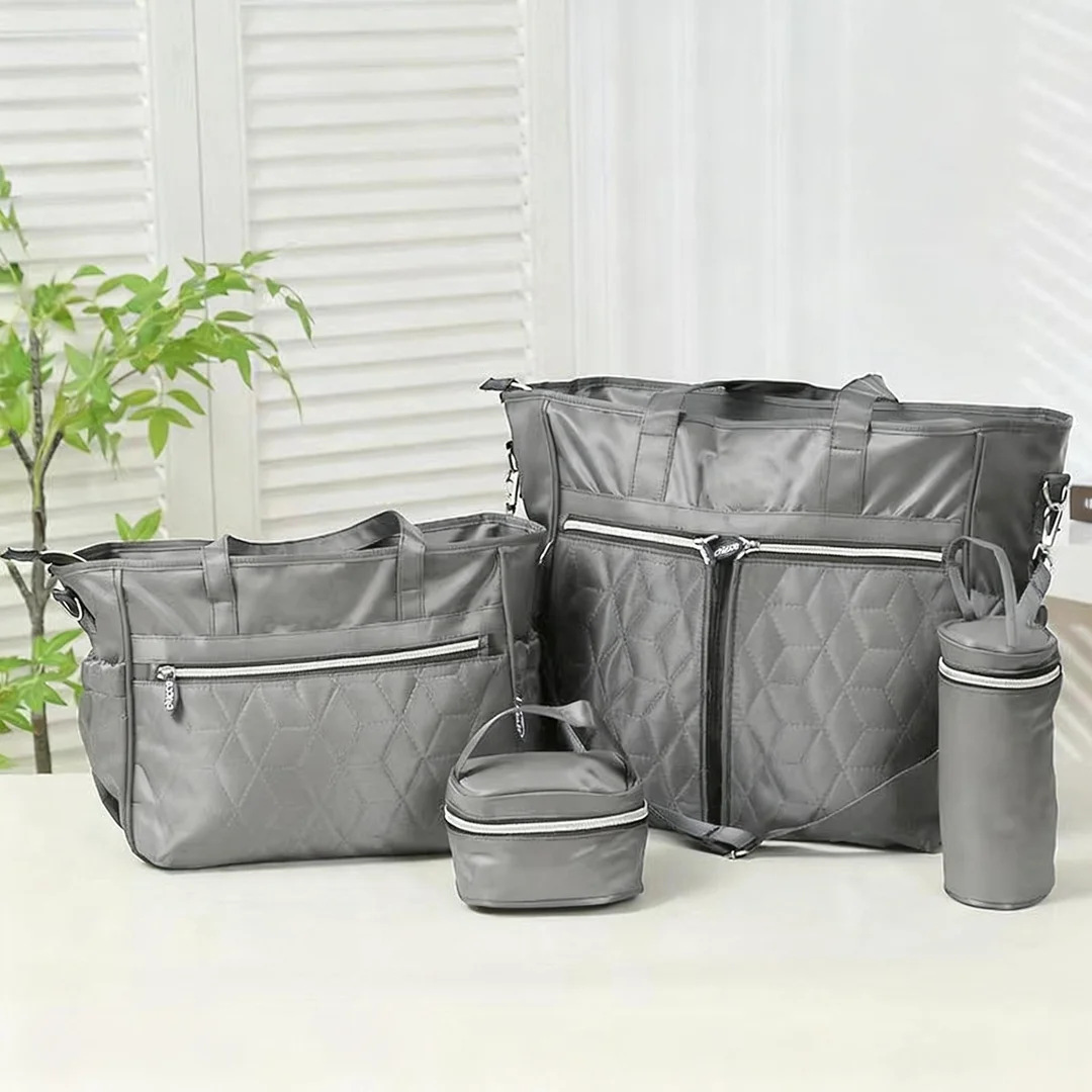 Conjunto de Cinco Piezas de Bolsa Maternal Acolchada con Diseño de Cuadros, Bolsa Maternal Multifuncional de Gran Capacidad para Guardar Pañales, de Hombro o Cruzada