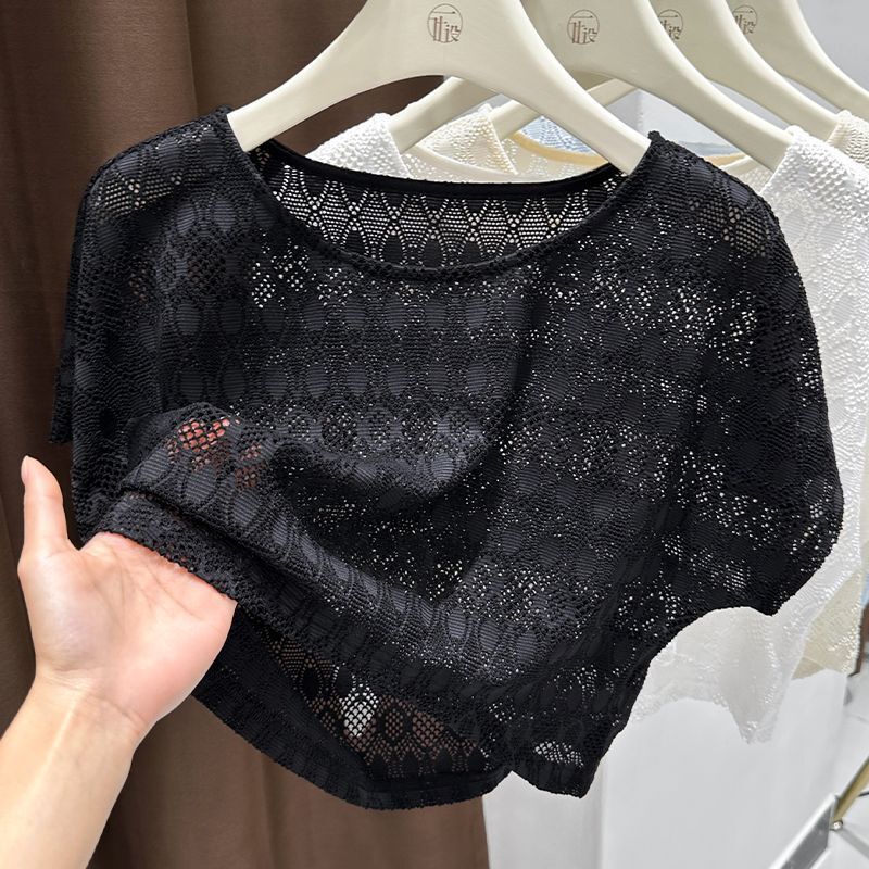 プラスサイズ中空レース半袖 Tシャツ女性のファットミリメートルアイスシルクメッシュサスペンダー付きへそ露出日焼け止めブラウスショートトップ|undefined
