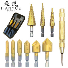 10pcs宝塔ドリル階段ドリルチタンメッキ五刃面取り器センタープレスポジショナー10点セットセット