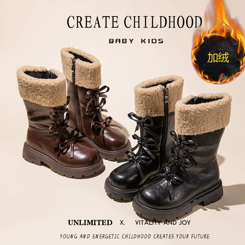 Детские зимние сапоги 2025 года, новые, в корейском стиле, на флисовой подкладке, средней длины, с милым бантом, для малышей, в стиле принцессы